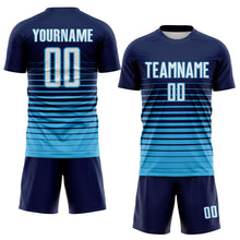 Load image into Gallery viewer, Custom Navy White-Sky Blue Gradient Pinstripe Sublimation Soccer Uniform Jersey
