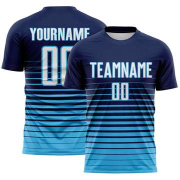 Custom Navy White-Sky Blue Gradient Pinstripe Sublimation Soccer Uniform Jersey