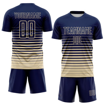 Custom Navy Cream Gradient Pinstripe Sublimation Soccer Uniform Jersey
