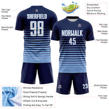 Load image into Gallery viewer, Custom Navy White-Light Blue Gradient Pinstripe Sublimation Soccer Uniform Jersey
