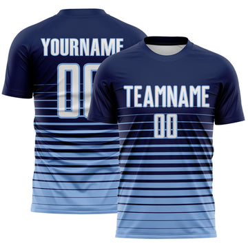 Custom Navy White-Light Blue Gradient Pinstripe Sublimation Soccer Uniform Jersey