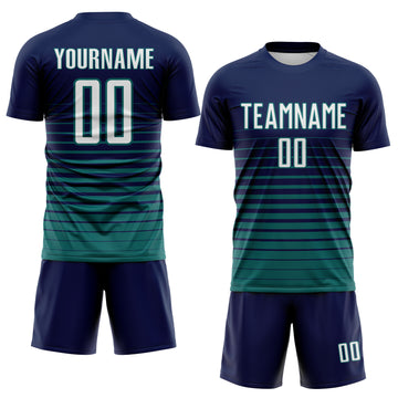 Custom Navy White-Teal Gradient Pinstripe Sublimation Soccer Uniform Jersey