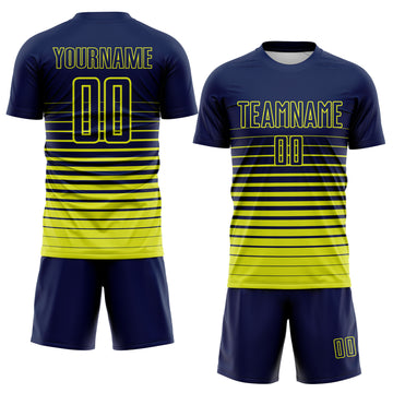 Custom Navy Neon Yellow Gradient Pinstripe Sublimation Soccer Uniform Jersey