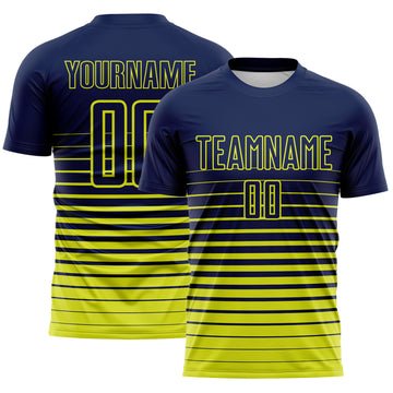 Custom Navy Neon Yellow Gradient Pinstripe Sublimation Soccer Uniform Jersey