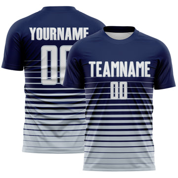 Custom Navy White-Silver Gradient Pinstripe Sublimation Soccer Uniform Jersey