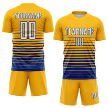 Laden Sie das Bild in den Galerie-Viewer, Custom Gold White-Royal Gradient Pinstripe Sublimation Soccer Uniform Jersey
