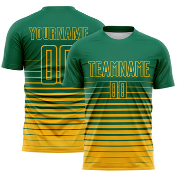 Custom Kelly Green Gold Gradient Pinstripe Sublimation Soccer Uniform Jersey