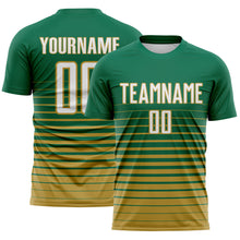 Загрузить изображение в средство просмотра галереи, Custom Kelly Green White-Old Gold Gradient Pinstripe Sublimation Soccer Uniform Jersey
