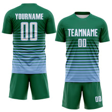 Load image into Gallery viewer, Custom Kelly Green White-Light Blue Gradient Pinstripe Sublimation Soccer Uniform Jersey
