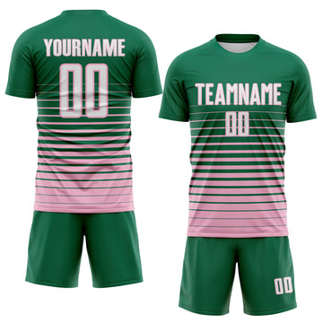 Custom Kelly Green White-Light Pink Gradient Pinstripe Sublimation Soccer Uniform Jersey