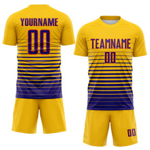 Load image into Gallery viewer, Custom Yellow Dark Purple-Orange Gradient Pinstripe Sublimation Soccer Uniform Jersey
