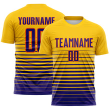 Load image into Gallery viewer, Custom Yellow Dark Purple-Orange Gradient Pinstripe Sublimation Soccer Uniform Jersey
