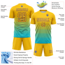 Laden Sie das Bild in den Galerie-Viewer, Custom Yellow Purple-Lakes Blue Gradient Pinstripe Sublimation Soccer Uniform Jersey
