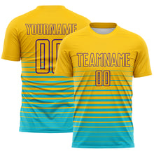 Laden Sie das Bild in den Galerie-Viewer, Custom Yellow Purple-Lakes Blue Gradient Pinstripe Sublimation Soccer Uniform Jersey
