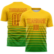 Load image into Gallery viewer, Custom Yellow Red-Grass Green Gradient Pinstripe Sublimation Soccer Uniform Jersey

