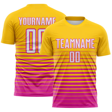 Custom Yellow White-Deep Pink Gradient Pinstripe Sublimation Soccer Uniform Jersey