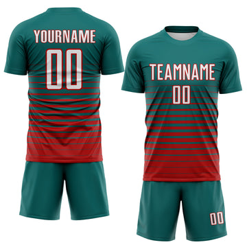 Custom Teal White-Red Gradient Pinstripe Sublimation Soccer Uniform Jersey
