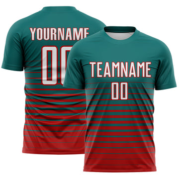 Custom Teal White-Red Gradient Pinstripe Sublimation Soccer Uniform Jersey