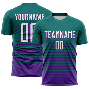 Custom Teal White-Purple Gradient Pinstripe Sublimation Soccer Uniform Jersey