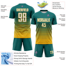 Загрузить изображение в средство просмотра галереи, Custom Teal White-Gold Gradient Pinstripe Sublimation Soccer Uniform Jersey
