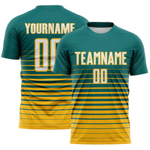 Загрузить изображение в средство просмотра галереи, Custom Teal White-Gold Gradient Pinstripe Sublimation Soccer Uniform Jersey
