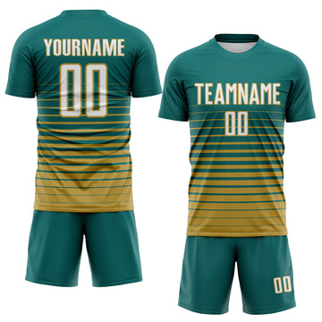 Custom Teal White-Old Gold Gradient Pinstripe Sublimation Soccer Uniform Jersey