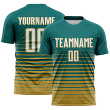 Загрузить изображение в средство просмотра галереи, Custom Teal White-Old Gold Gradient Pinstripe Sublimation Soccer Uniform Jersey
