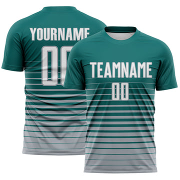 Custom Teal White-Gray Gradient Pinstripe Sublimation Soccer Uniform Jersey
