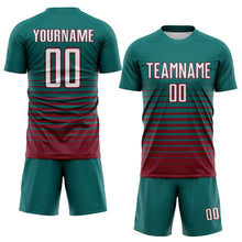 Загрузить изображение в средство просмотра галереи, Custom Teal White-Crimson Gradient Pinstripe Sublimation Soccer Uniform Jersey
