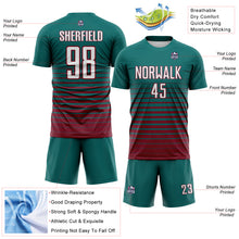 Загрузить изображение в средство просмотра галереи, Custom Teal White-Crimson Gradient Pinstripe Sublimation Soccer Uniform Jersey
