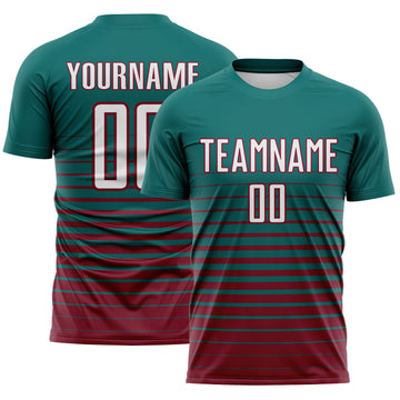 Custom Teal White-Crimson Gradient Pinstripe Sublimation Soccer Uniform Jersey