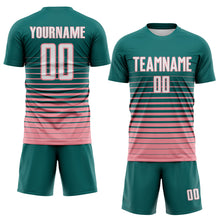 Загрузить изображение в средство просмотра галереи, Custom Teal White-Medium Pink Gradient Pinstripe Sublimation Soccer Uniform Jersey
