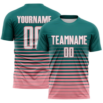Custom Teal White-Medium Pink Gradient Pinstripe Sublimation Soccer Uniform Jersey
