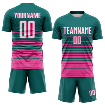 Custom Teal White-Pink Gradient Pinstripe Sublimation Soccer Uniform Jersey