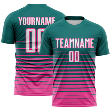 Custom Teal White-Pink Gradient Pinstripe Sublimation Soccer Uniform Jersey