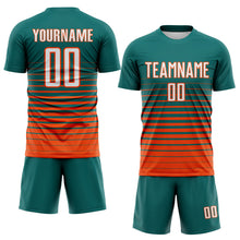Load image into Gallery viewer, Custom Teal White-Orange Gradient Pinstripe Sublimation Soccer Uniform Jersey
