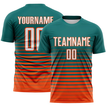 Custom Teal White-Orange Gradient Pinstripe Sublimation Soccer Uniform Jersey