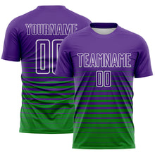 Загрузить изображение в средство просмотра галереи, Custom Purple White-Grass Green Gradient Pinstripe Sublimation Soccer Uniform Jersey
