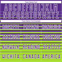 Загрузить изображение в средство просмотра галереи, Custom Purple White-Neon Green Gradient Pinstripe Sublimation Soccer Uniform Jersey
