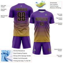 Charger l'image dans la galerie, Custom Purple Black-Old Gold Gradient Pinstripe Sublimation Soccer Uniform Jersey
