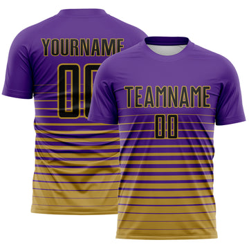 Custom Purple Black-Old Gold Gradient Pinstripe Sublimation Soccer Uniform Jersey