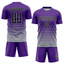 Laden Sie das Bild in den Galerie-Viewer, Custom Purple Black-Gray Gradient Pinstripe Sublimation Soccer Uniform Jersey
