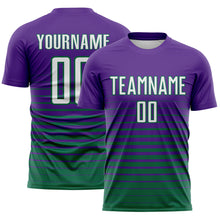 Laden Sie das Bild in den Galerie-Viewer, Custom Purple White-Kelly Green Gradient Pinstripe Sublimation Soccer Uniform Jersey
