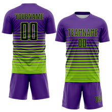 Charger l'image dans la galerie, Custom Purple Black-Neon Green Gradient Pinstripe Sublimation Soccer Uniform Jersey
