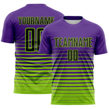 Charger l'image dans la galerie, Custom Purple Black-Neon Green Gradient Pinstripe Sublimation Soccer Uniform Jersey
