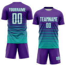 Load image into Gallery viewer, Custom Purple White-Aqua Gradient Pinstripe Sublimation Soccer Uniform Jersey
