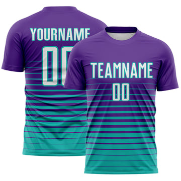 Custom Purple White-Aqua Gradient Pinstripe Sublimation Soccer Uniform Jersey