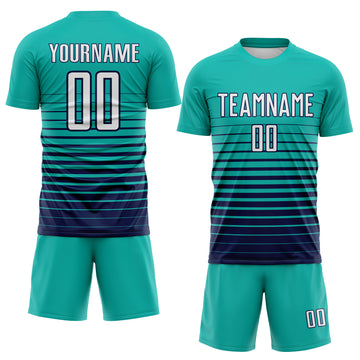 Custom Aqua White-Navy Gradient Pinstripe Sublimation Soccer Uniform Jersey