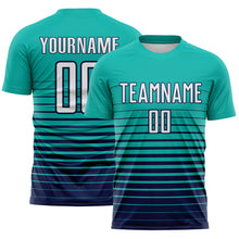 Load image into Gallery viewer, Custom Aqua White-Navy Gradient Pinstripe Sublimation Soccer Uniform Jersey
