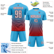 Laden Sie das Bild in den Galerie-Viewer, Custom Sky Blue White-Red Gradient Pinstripe Sublimation Soccer Uniform Jersey

